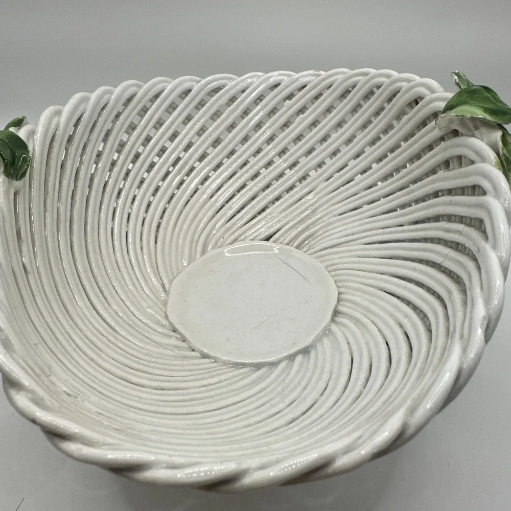 Vintage ItalianCeramic Basket Bowl White Woven Floral Yellow And Purple Green